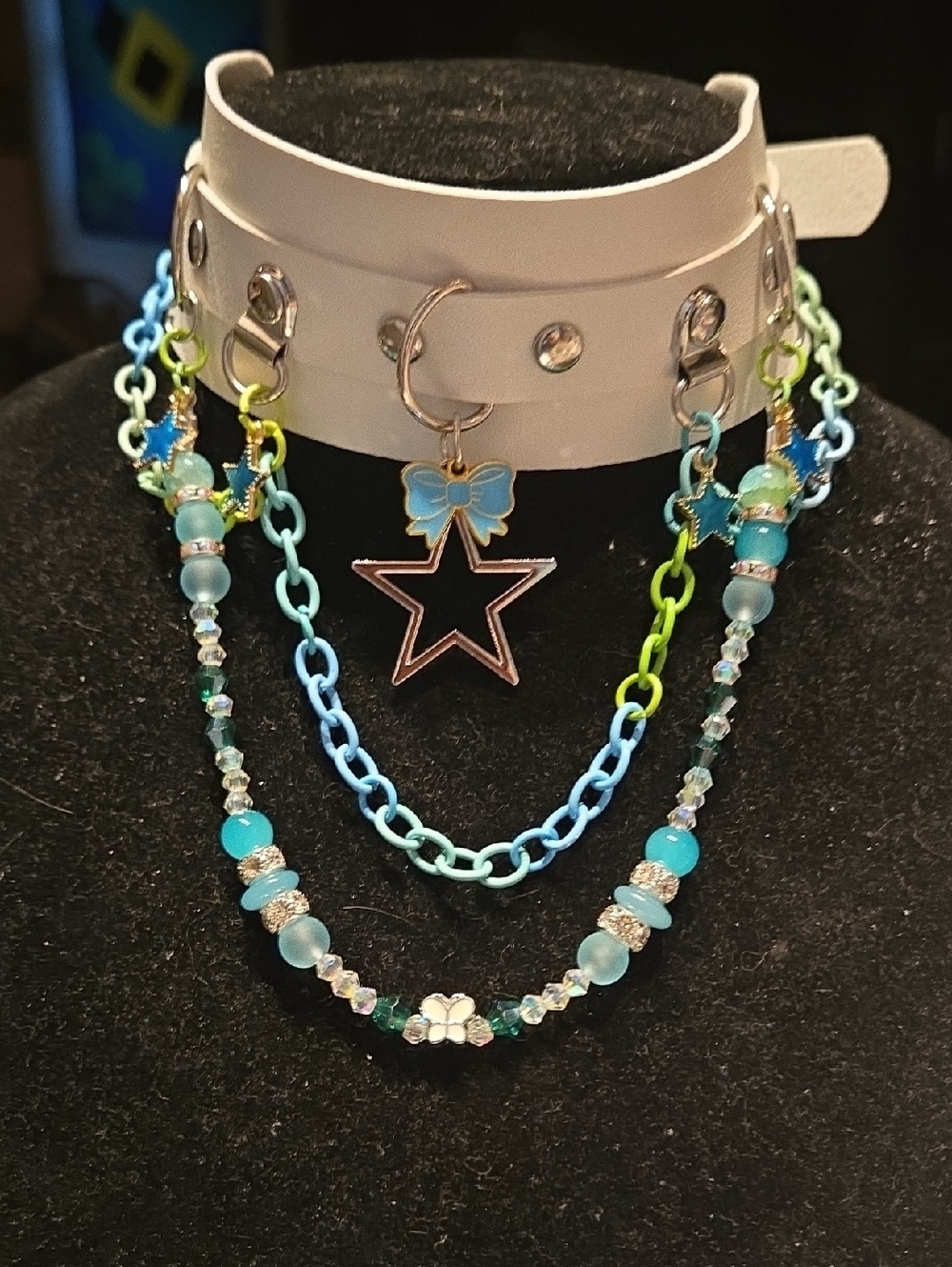 Handcrafted Blue & Lime Star Multi-Chain Necklace by
